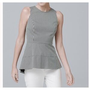 WHITE HOUSE BLACK MARKET Gingham Peplum Top Sleeveless Black White Size 6